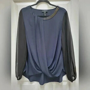 Alfani Navy Chiffon Sheer Black Sleeves Beaded Neckline Blouse Size 14
